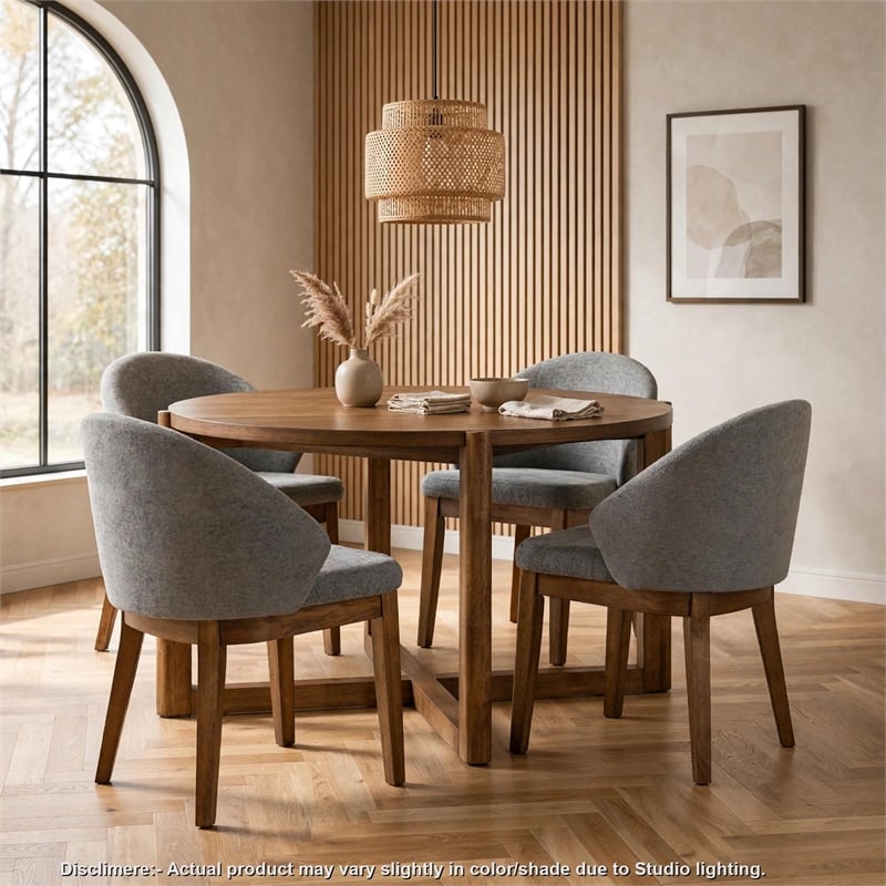 Andy 5pc Dining Table Set- Cross-Sled Base- Gray Fabric Chairs- Brown Wood