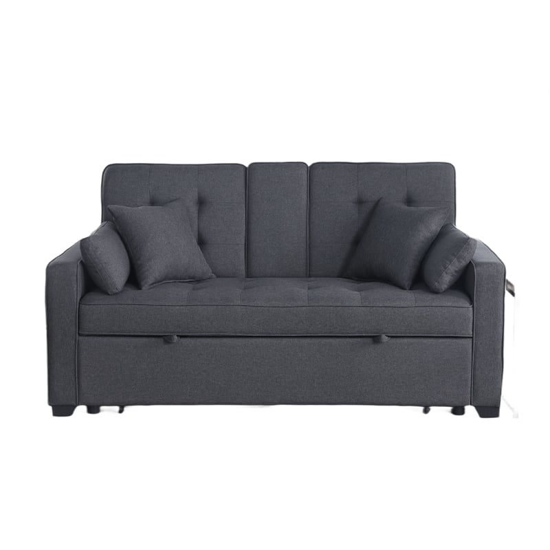 Oli Convertible Sleeper Loveseat- USB Ports- 4 Throw Pillows- Gray Linen