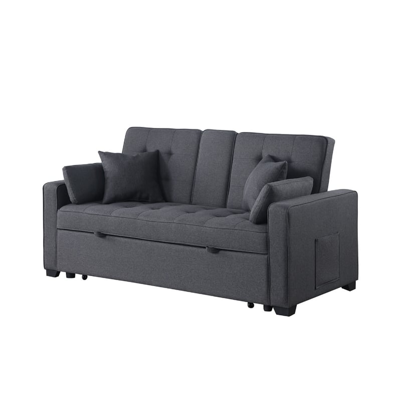 Oli Convertible Sleeper Loveseat- USB Ports- 4 Throw Pillows- Gray Linen