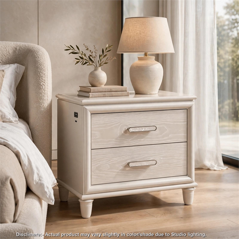 Monie Nightstand with 2 Drawers- USB-A and USB-C Ports- White Wood