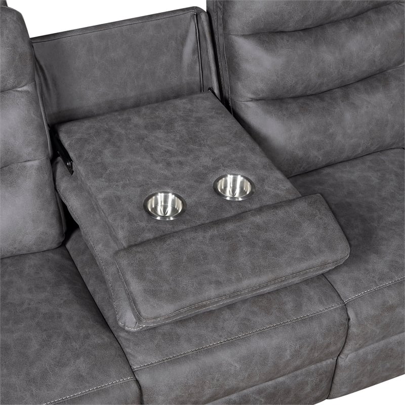 Meloni Double Glider Reclining Sofa- Drop-Down Table- Gray Microfiber