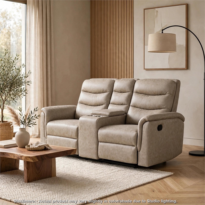 Meloni Glider Reclining Loveseat- Console and Holders- Taupe Fabric