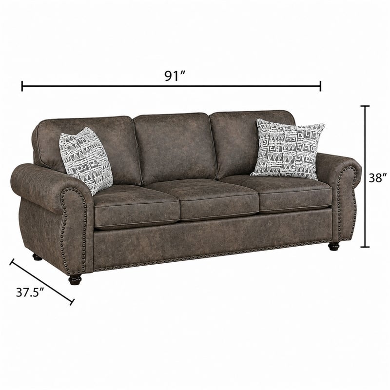 Pinto Sofa with Nailhead Trim and 2 Accent Pillows- Gray Microfiber