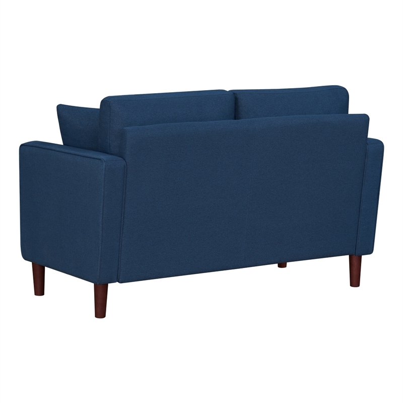 Yera Loveseat w 2 Pillows- Tufted Blue Fabric- Cherry Brown Wood- 52 Inch