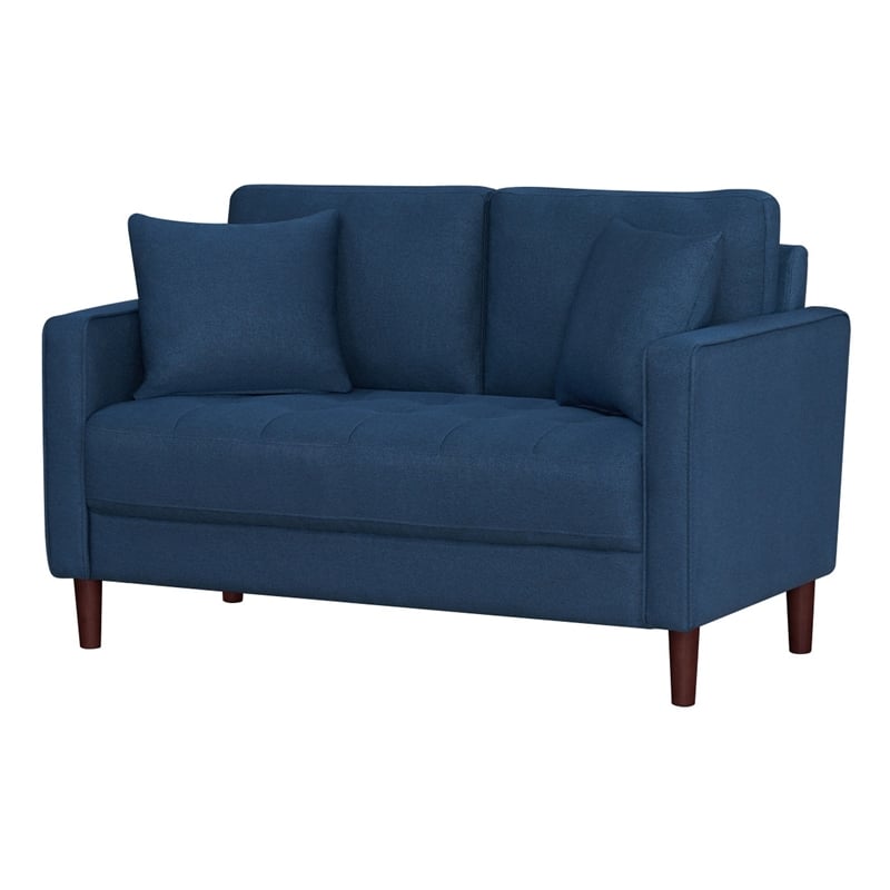 Yera Loveseat w 2 Pillows- Tufted Blue Fabric- Cherry Brown Wood- 52 Inch