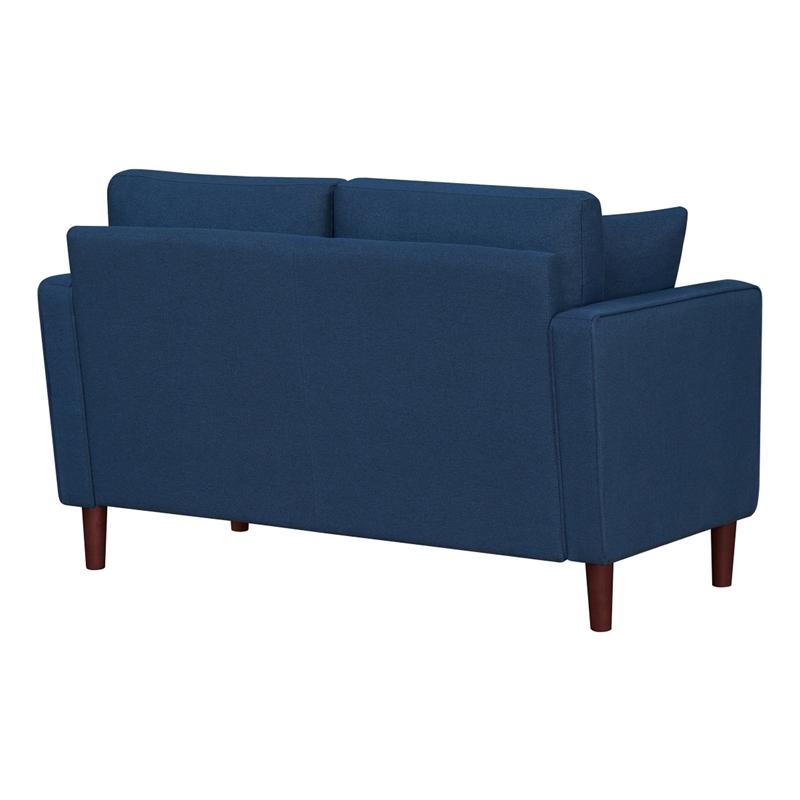 Yera Loveseat w 2 Pillows- Tufted Blue Fabric- Cherry Brown Wood- 52 Inch
