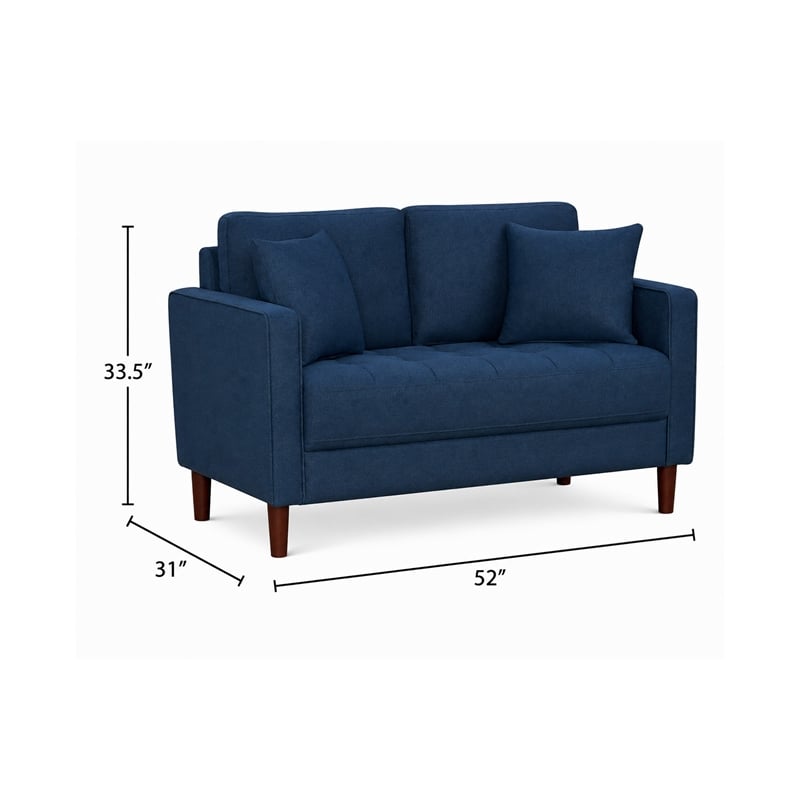 Yera Loveseat w 2 Pillows- Tufted Blue Fabric- Cherry Brown Wood- 52 Inch