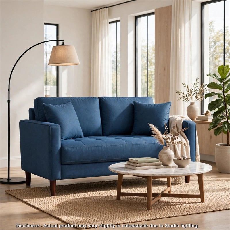 Yera Loveseat w 2 Pillows- Tufted Blue Fabric- Cherry Brown Wood- 52 Inch