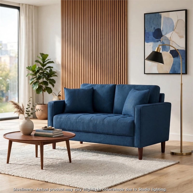 Yera Loveseat w 2 Pillows- Tufted Blue Fabric- Cherry Brown Wood- 52 Inch
