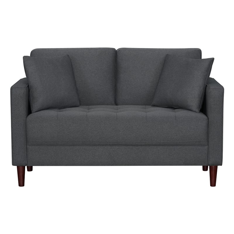 Yera Loveseat w 2 Pillows- Tufted Gray Fabric- Cherry Brown Wood 52 Inch