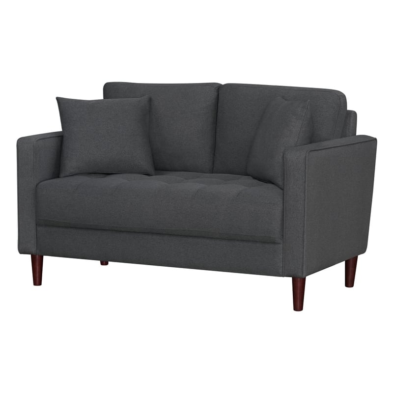 Yera Loveseat w 2 Pillows- Tufted Gray Fabric- Cherry Brown Wood 52 Inch