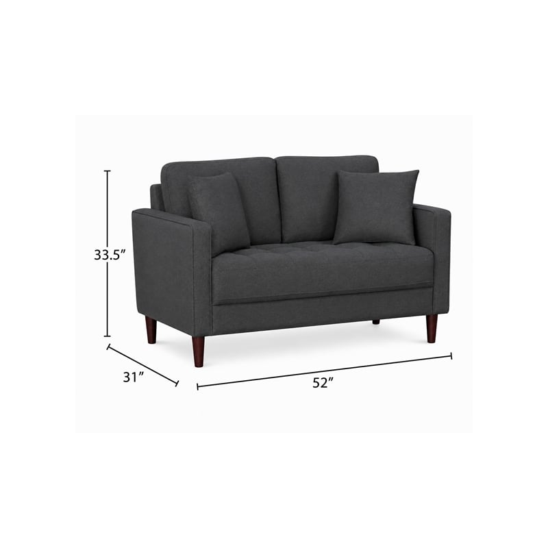 Yera Loveseat w 2 Pillows- Tufted Gray Fabric- Cherry Brown Wood 52 Inch