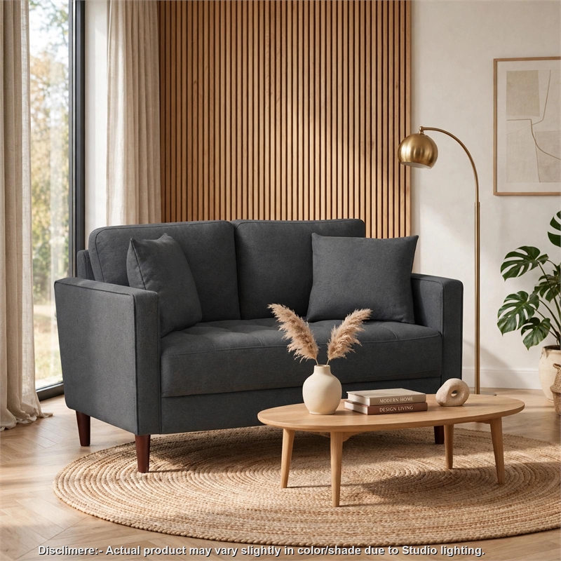 Yera Loveseat w 2 Pillows- Tufted Gray Fabric- Cherry Brown Wood 52 Inch