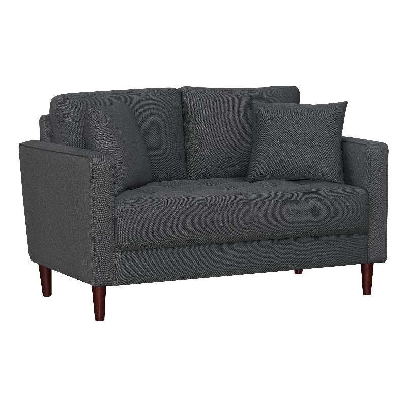 Yera Loveseat w 2 Pillows- Tufted Gray Fabric- Cherry Brown Wood 52 Inch