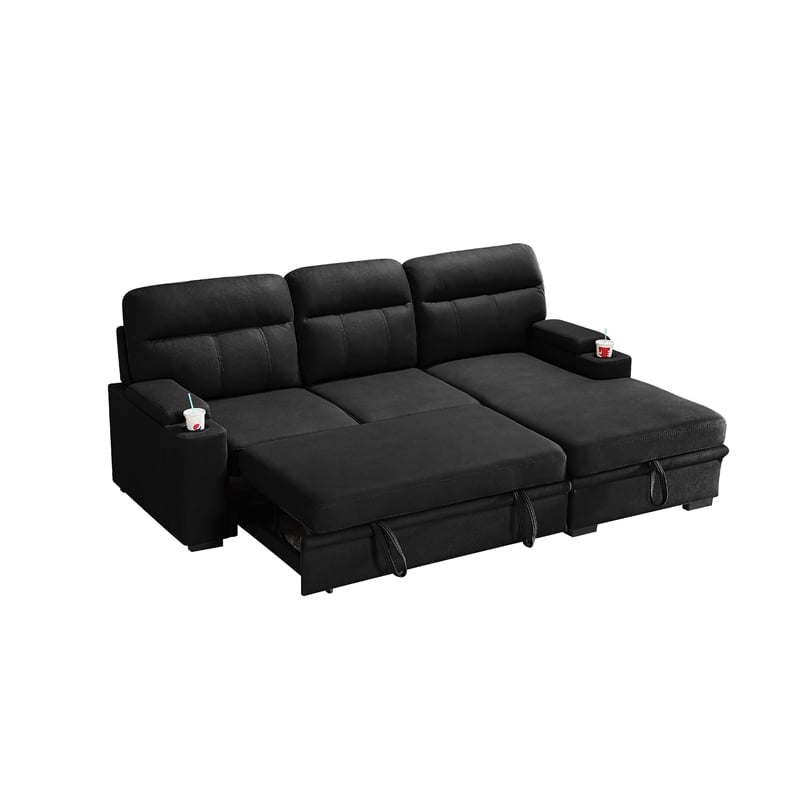 Zen Sleeper Sectional with Storage and Pull-Out Bed- Black Microfiber