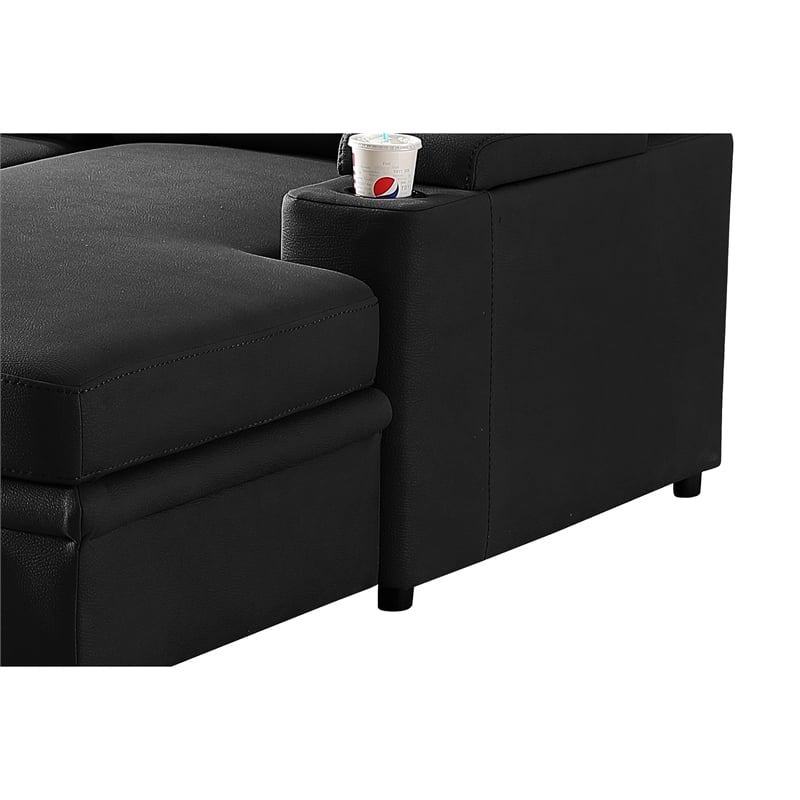 Zen Sleeper Sectional with Storage and Pull-Out Bed- Black Microfiber