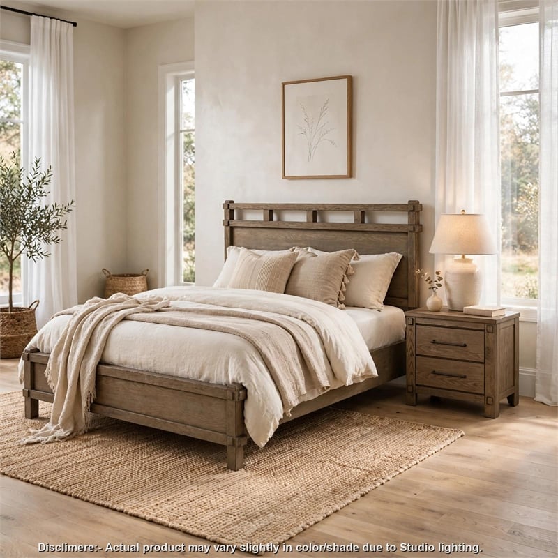 Queen Bedroom Set- Panel Design- Antique Oak Brown- 2pc w NS