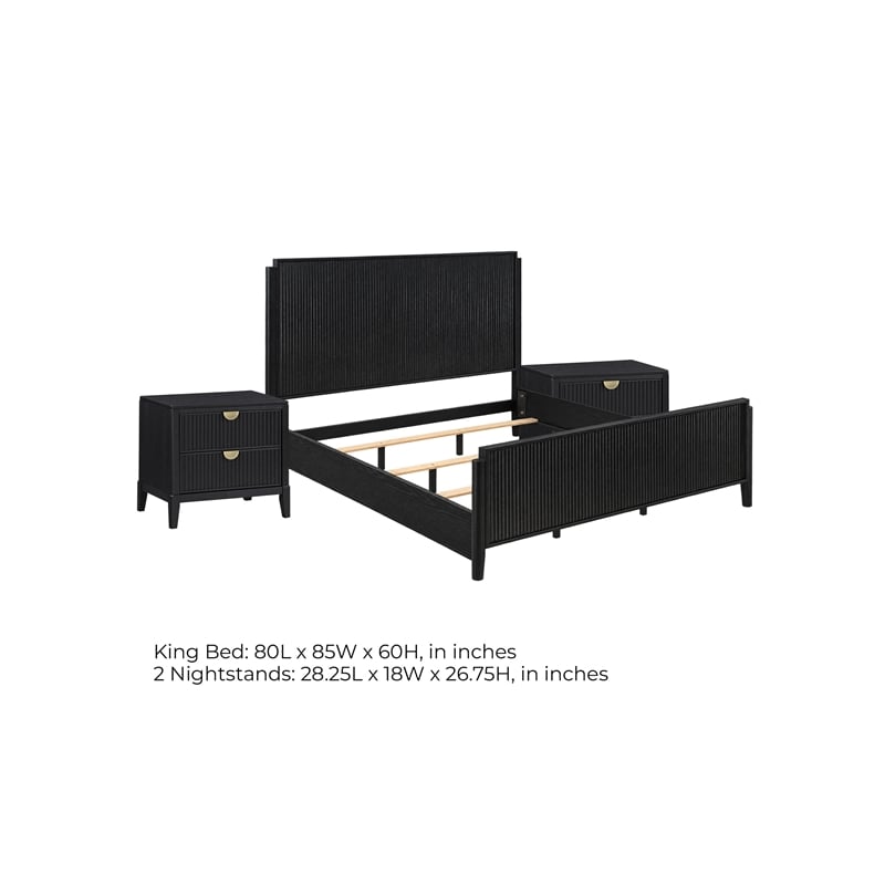 King Bedroom Set- Black and Gold- 3 Piece Set with 2 Nightstands