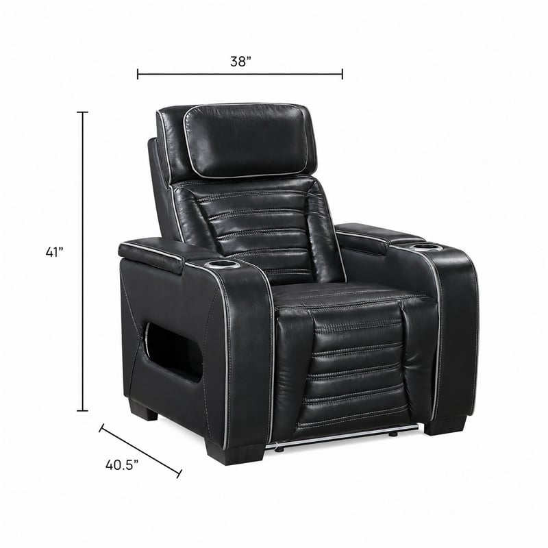 Cyrus Power Recliner w Headrest- Heat Massage- USB Ports-Black Leather