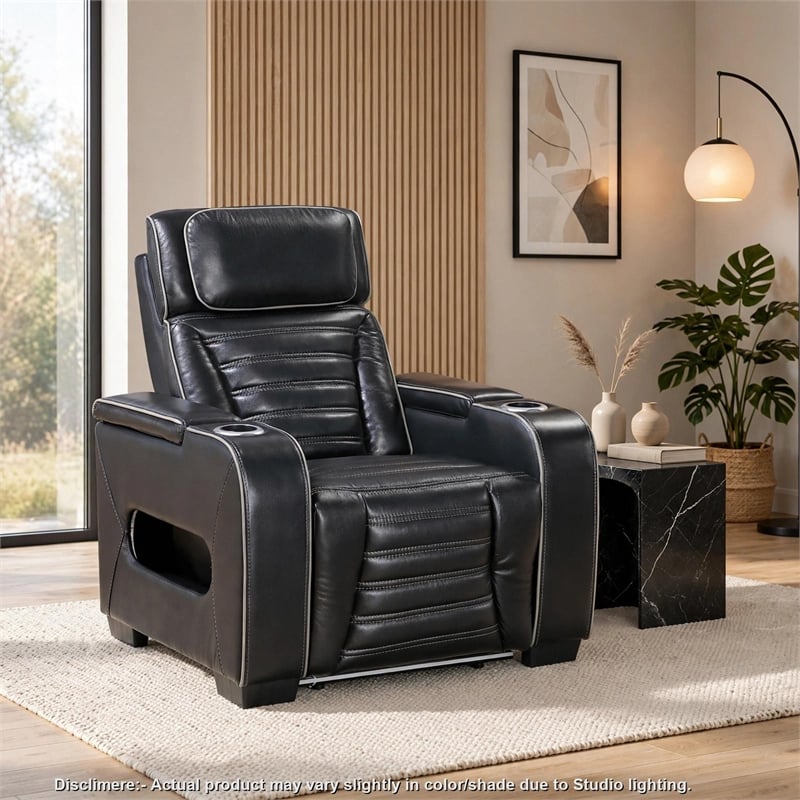 Cyrus Power Recliner w Headrest- Heat Massage- USB Ports-Black Leather