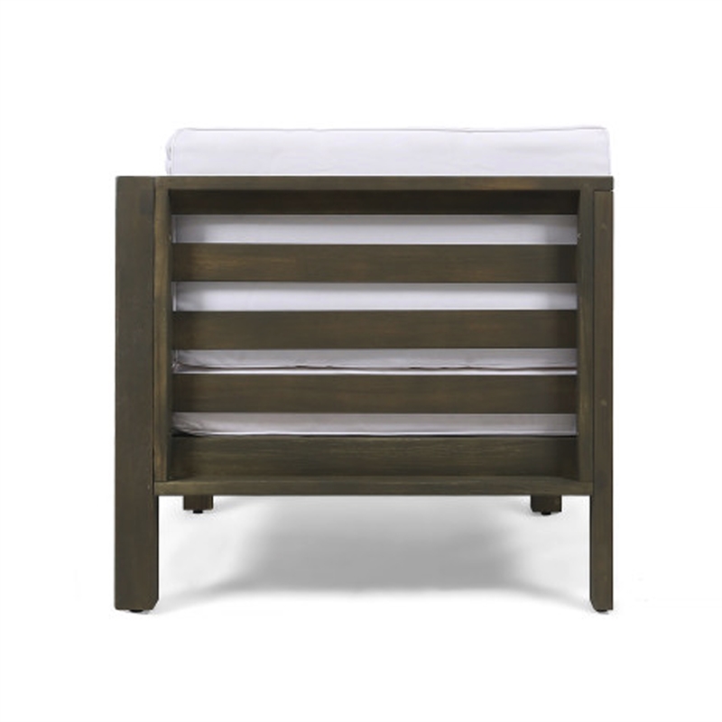 Carie Outdoor Left Arm Chair- White Fabric Cushions- Slatted Gray Wood