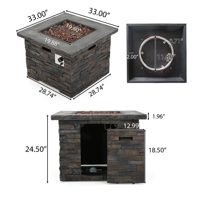 Outdoor Fire Pit w Handles- 40000 BTU- Stone Finish Gray Concrete 33 Inch