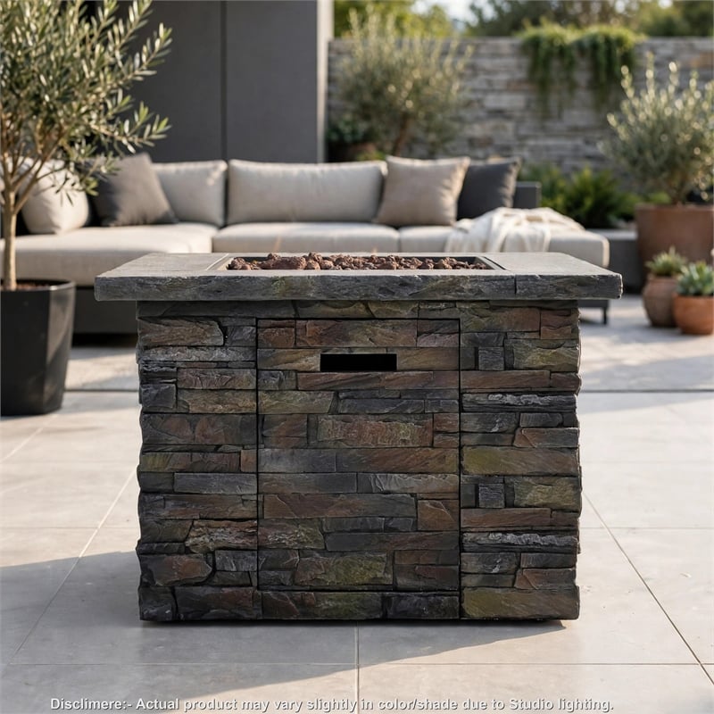 Outdoor Fire Pit w Handles- 40000 BTU- Stone Finish Gray Concrete 33 Inch