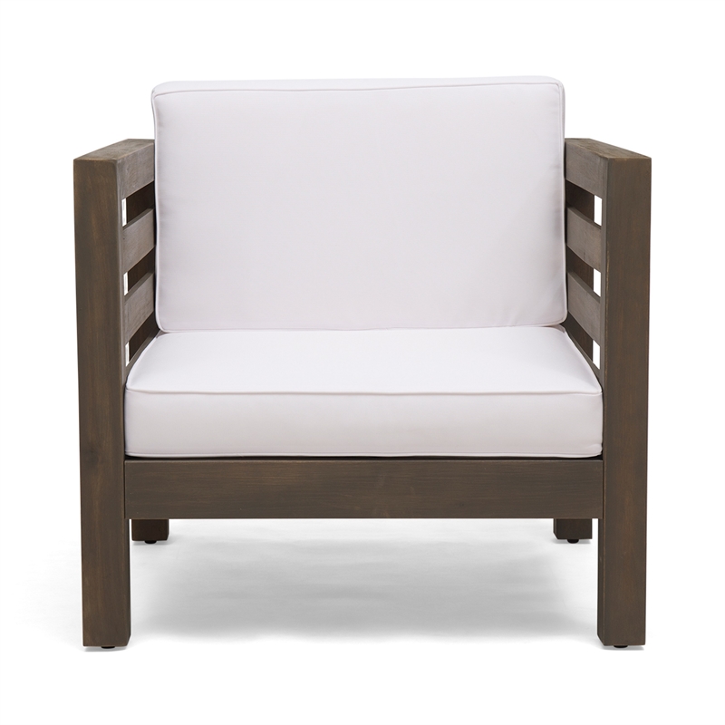 Carie Outdoor Club Chair- White Fabric Cushions- Slatted Frame- Gray Wood