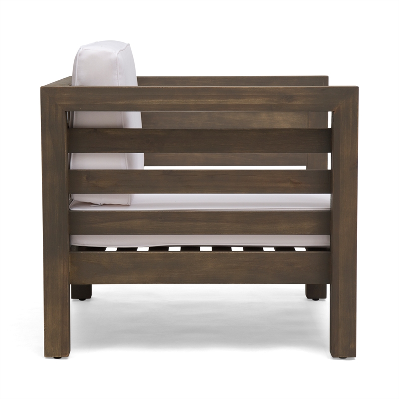 Carie Outdoor Club Chair- White Fabric Cushions- Slatted Frame- Gray Wood