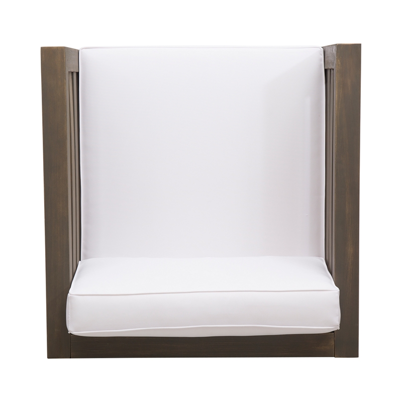 Carie Outdoor Club Chair- White Fabric Cushions- Slatted Frame- Gray Wood