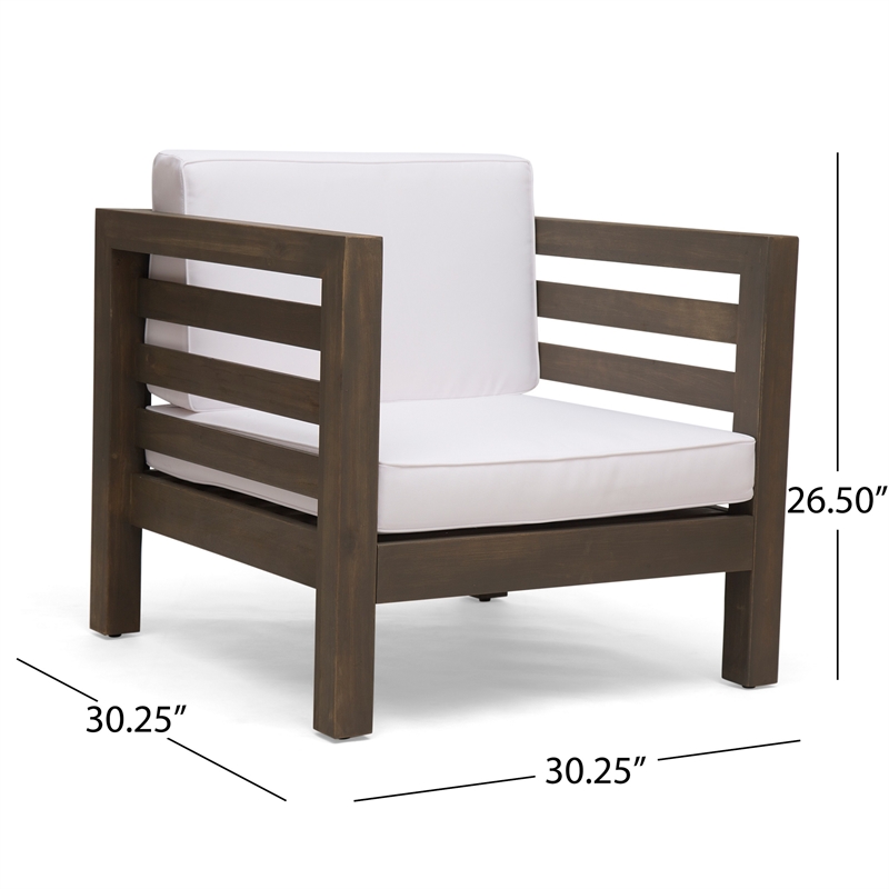 Carie Outdoor Club Chair- White Fabric Cushions- Slatted Frame- Gray Wood