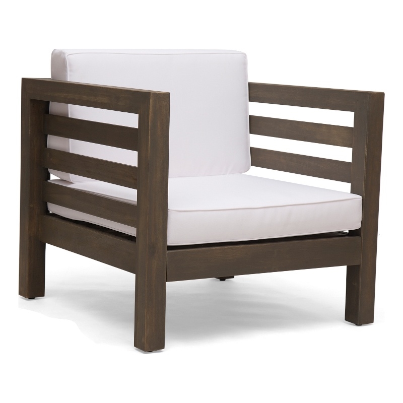 Carie Outdoor Club Chair- White Fabric Cushions- Slatted Frame- Gray Wood
