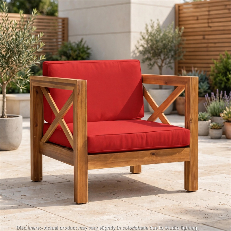 Juna Outdoor Club Chair- Water Resistant Red Cushions- Teak Finish