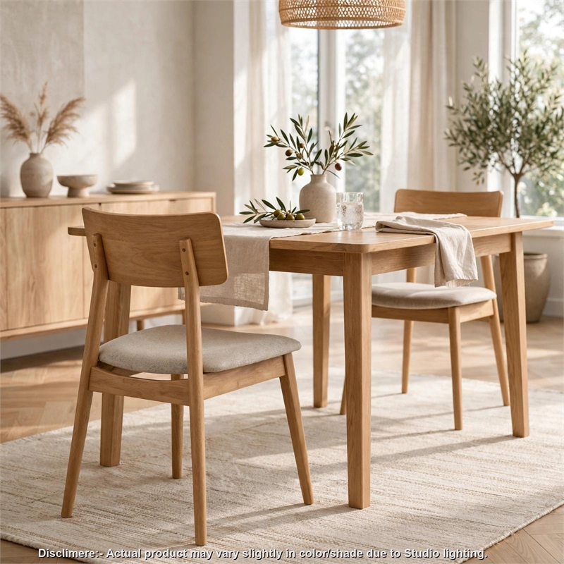 Zoya Dining Side Chair with Wooden Frame- Set of 2- Beige Fabric