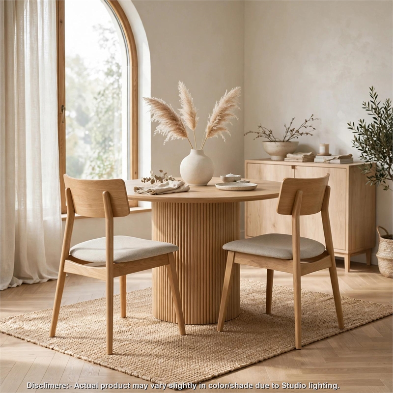 Zoya Dining Side Chair with Wooden Frame- Set of 2- Beige Fabric
