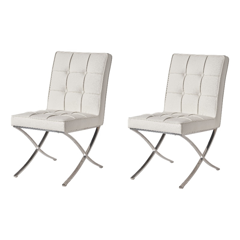 Pavy Dining Side Chair Set of 2- Tufted White Faux Leather- Silver X Legs