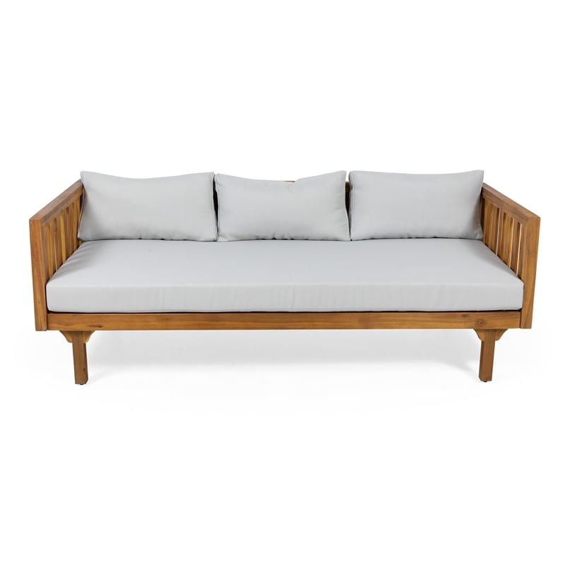 Clara Outdoor 3 Seater Daybed- Water Resistant Gray Cushions- Teak- 68 Inch