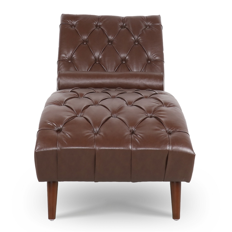 Emery Chaise Lounge with Rolling Pillow- Dark Brown Tufted Faux Leather