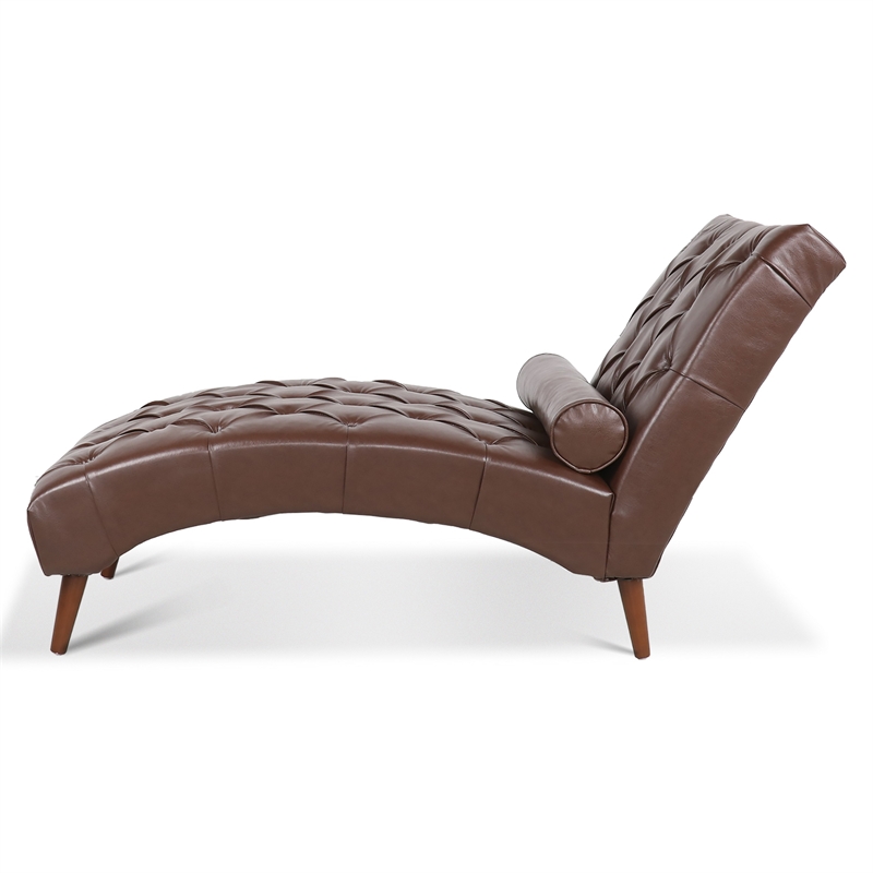 Emery Chaise Lounge with Rolling Pillow- Dark Brown Tufted Faux Leather