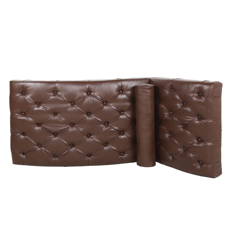 Emery Chaise Lounge with Rolling Pillow- Dark Brown Tufted Faux Leather