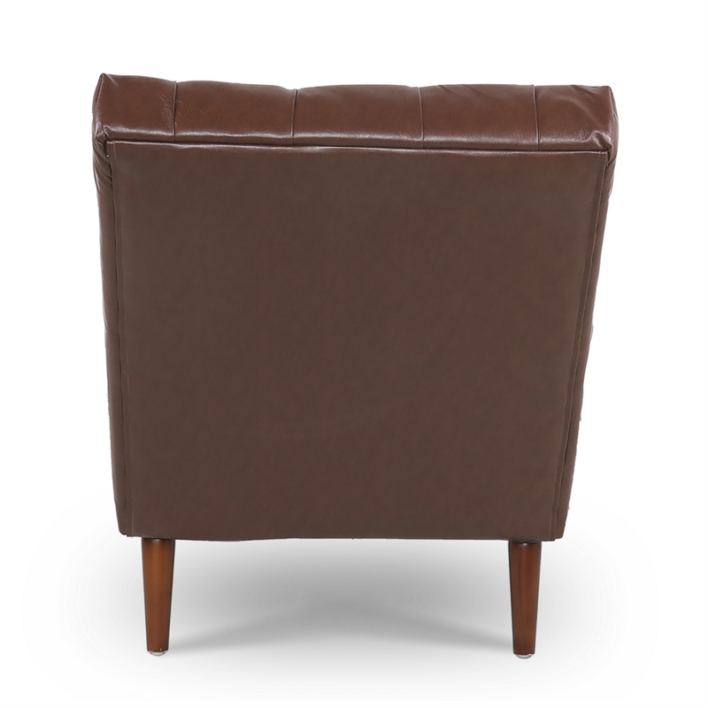 Emery Chaise Lounge with Rolling Pillow- Dark Brown Tufted Faux Leather