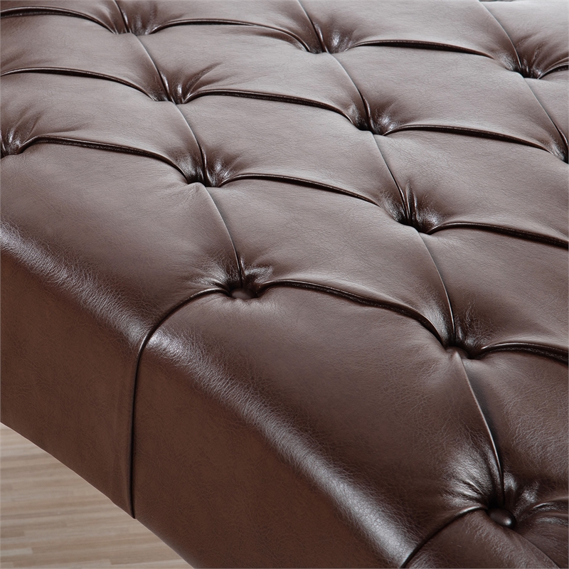Emery Chaise Lounge with Rolling Pillow- Dark Brown Tufted Faux Leather