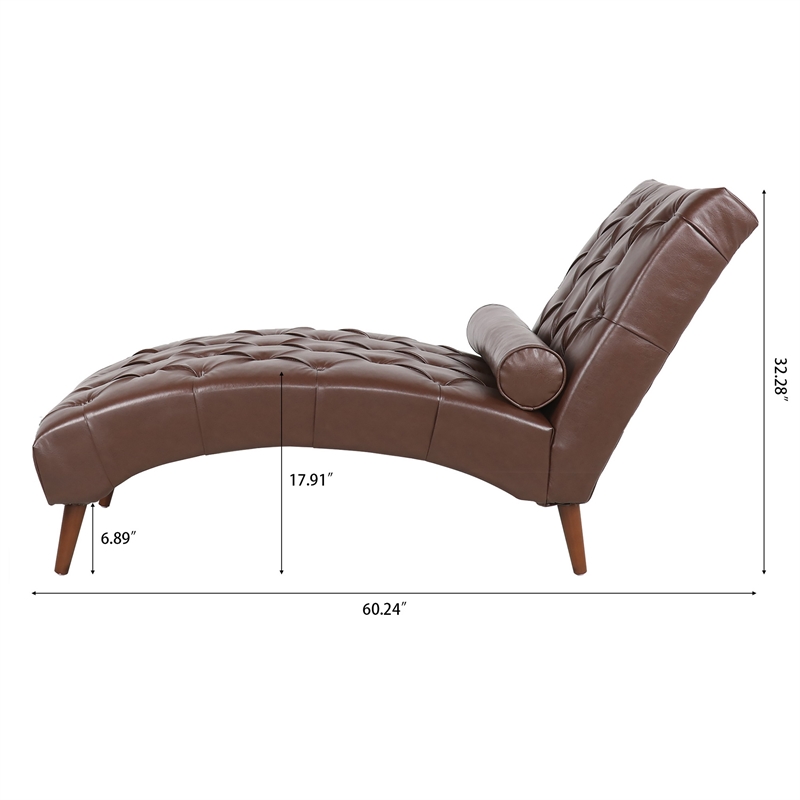 Emery Chaise Lounge with Rolling Pillow- Dark Brown Tufted Faux Leather