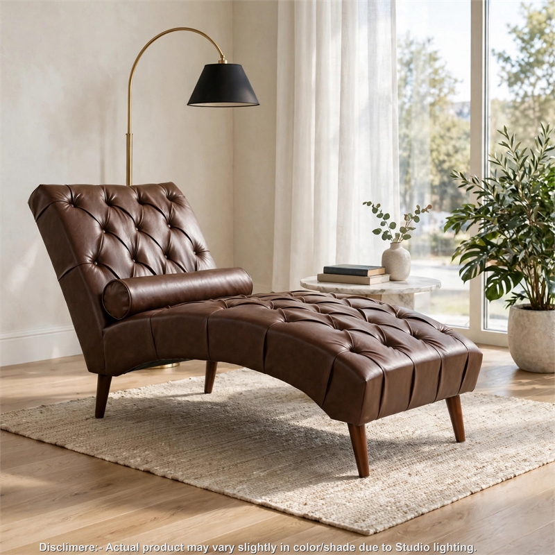 Emery Chaise Lounge with Rolling Pillow- Dark Brown Tufted Faux Leather