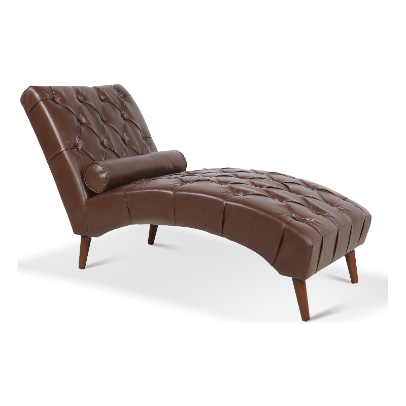Emery Chaise Lounge with Rolling Pillow- Dark Brown Tufted Faux Leather