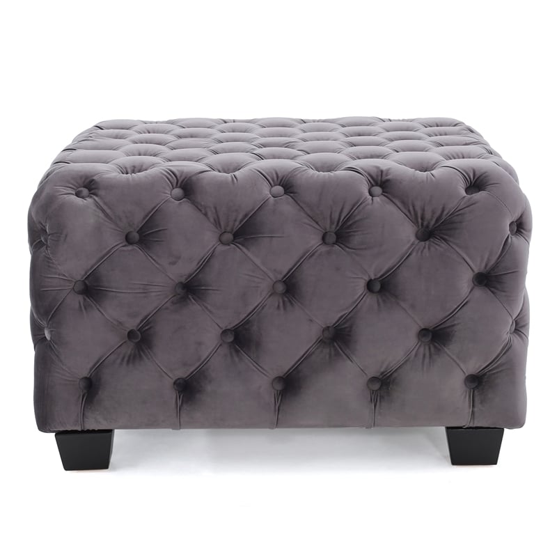 Accent Ottoman- Cubic Shape- Button Tufted Gray Velvet- Black 29 Inch
