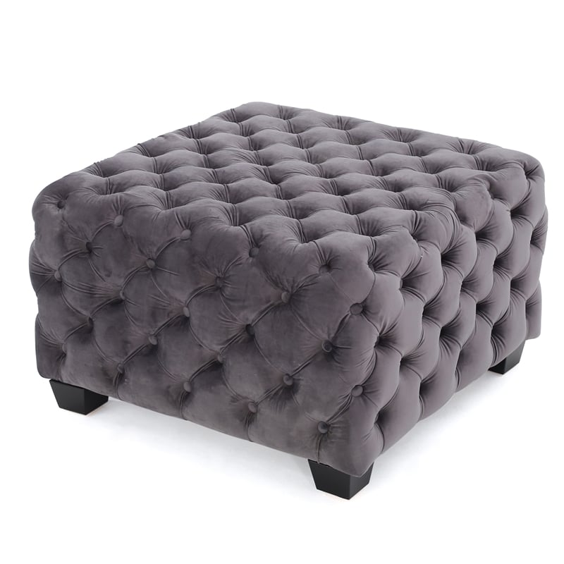 Accent Ottoman- Cubic Shape- Button Tufted Gray Velvet- Black 29 Inch