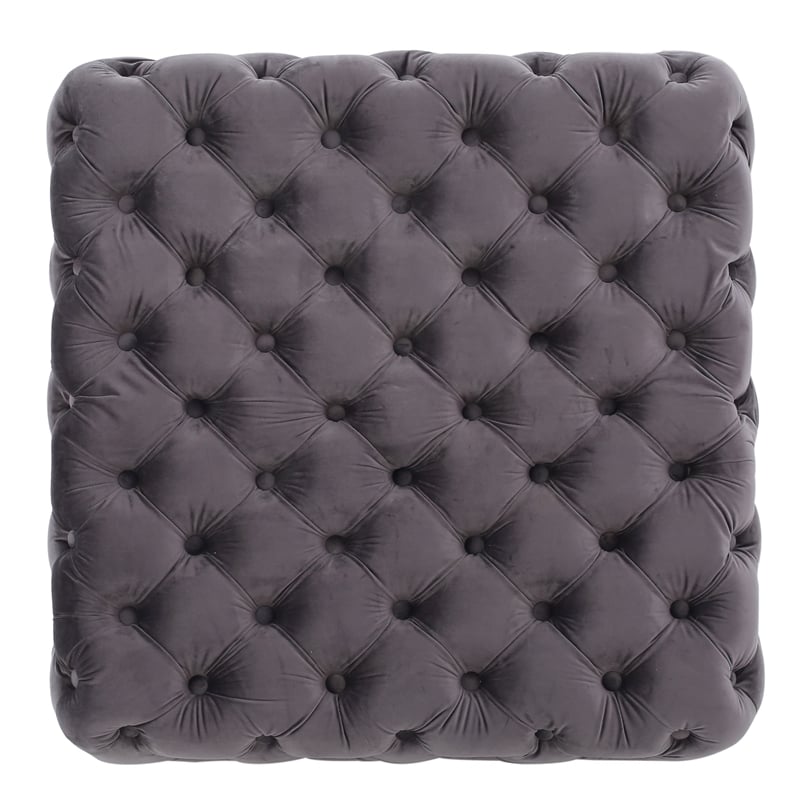 Accent Ottoman- Cubic Shape- Button Tufted Gray Velvet- Black 29 Inch