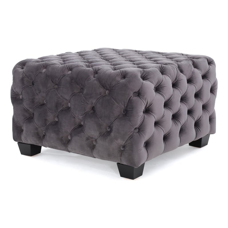 Accent Ottoman- Cubic Shape- Button Tufted Gray Velvet- Black 29 Inch