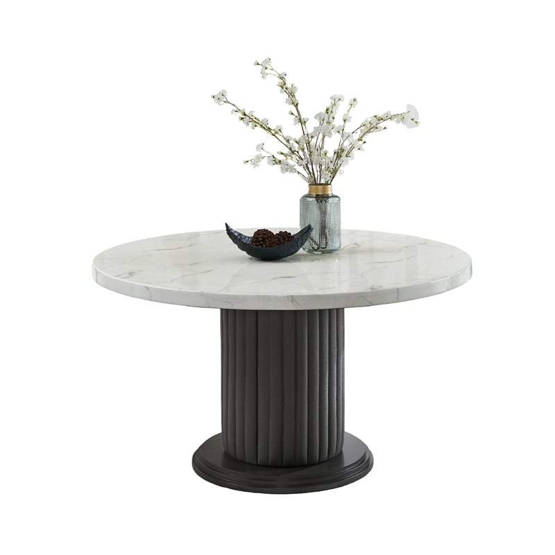 Beny 5pc Dining Set with Round Faux Marble Top- Gray Fabric Barrel Chairs